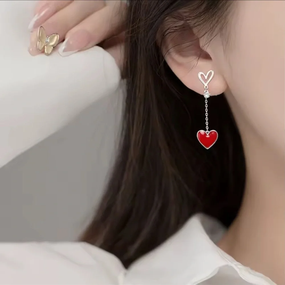 Korean Red Heart Tassel Earrings – Asymmetric Zircon & Pearl Studs ♥️ A7-233